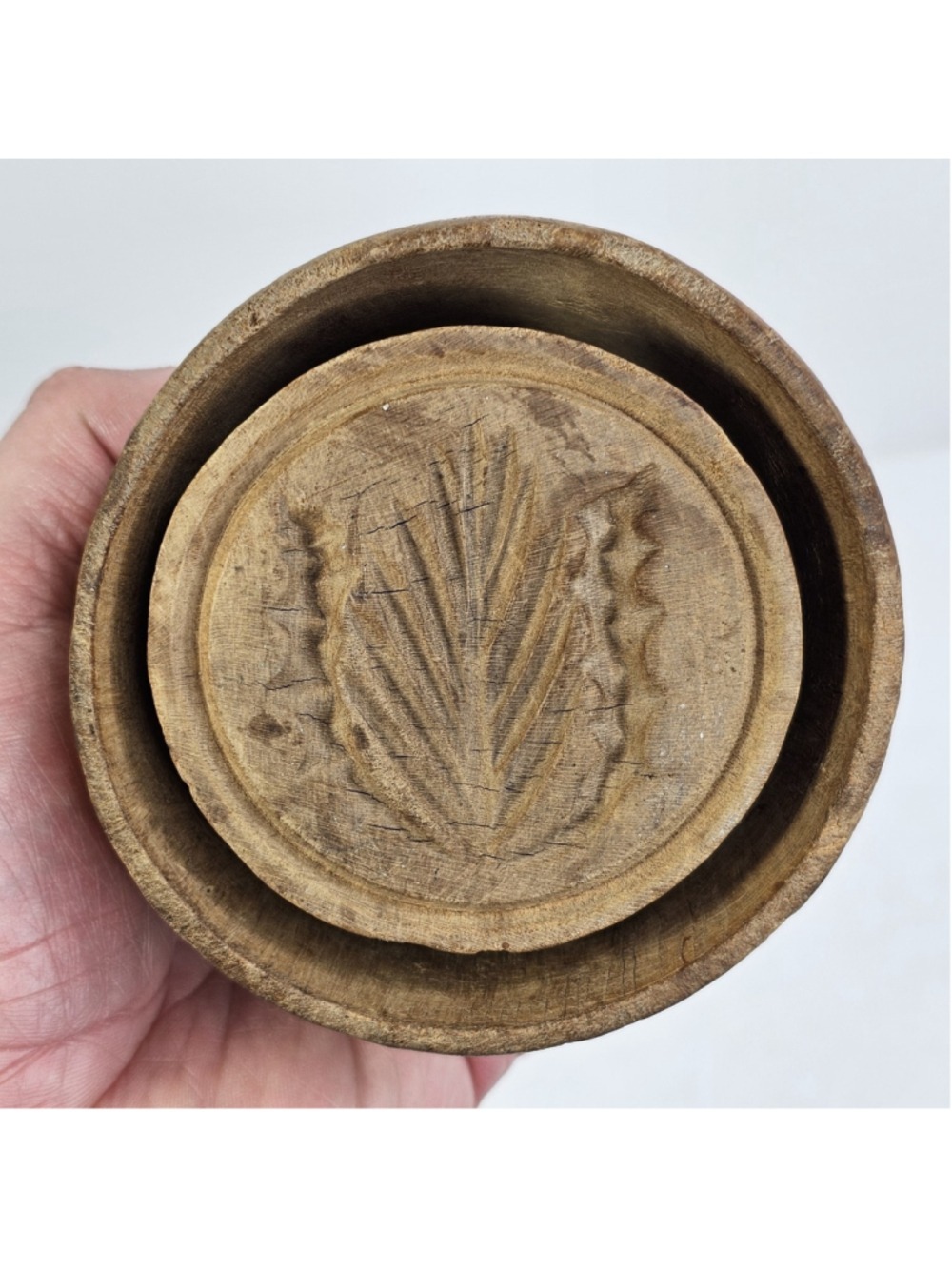 Vintage Wooden Butter Mold Press Floral Folk Art Carved Round Primitive Kitchen